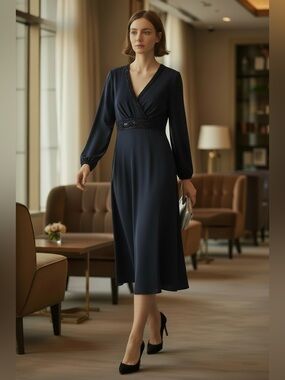 Talbots Beaded Empire Waist Midi Dress | Navy Blue Petite 8